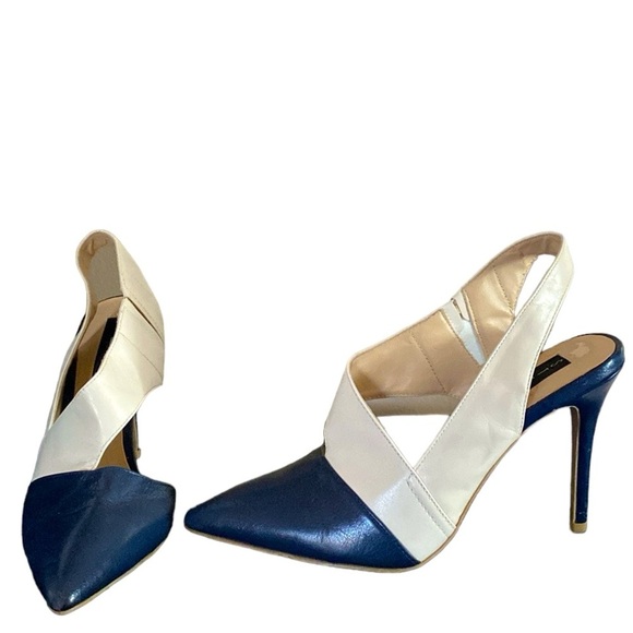 Steven By Steve Madden Shoes - Steven by Steven Madden Navy Blue and Cream Wilma Slingback 4.5 Inch Heel